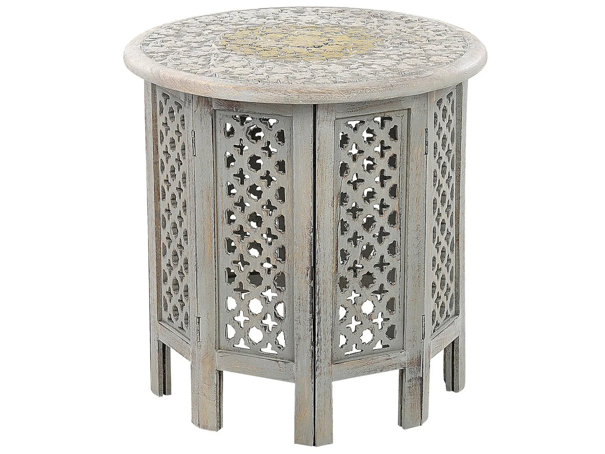 Side Table Grey Mango Wood 45 cm End Bedside Table Handmade Distressed Effect Vintage Oriental Style Openwork Design Living Room Bedroom Beliani