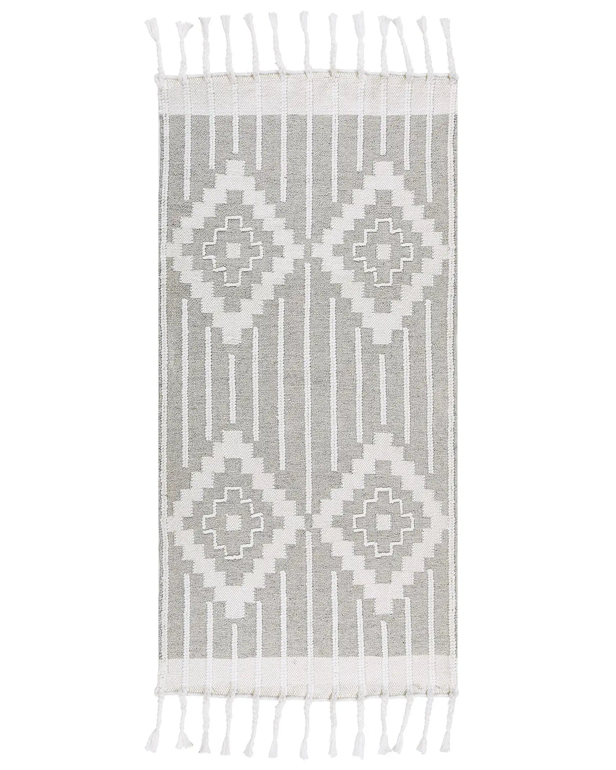 Area Rug Grey and White 80 x 150 cm Synthetic Material Decorative Tassels Indian Style Indoor Outdoor Beliani