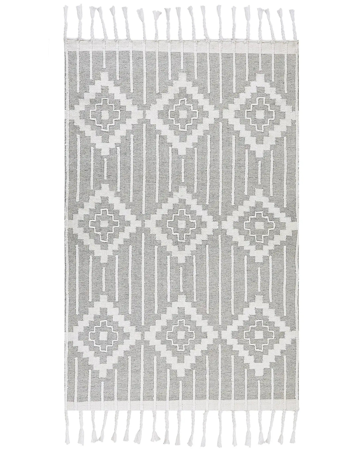 Area Rug Grey and White 140 x 200 cm Synthetic Material Decorative Tassels Indian Style Indoor Outdoor Beliani