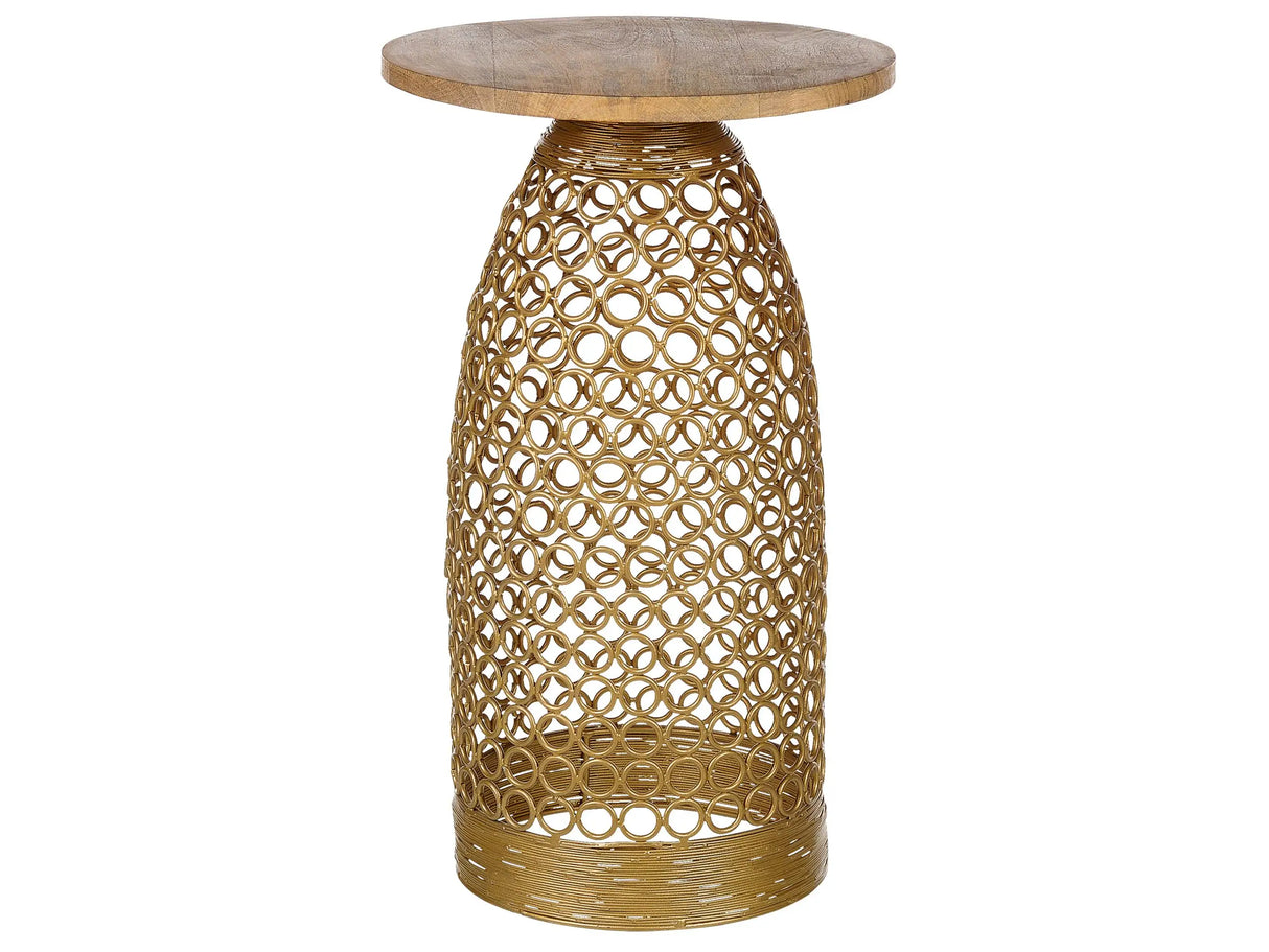 Side Table Light Wood and Gold Mango Top Metal 30 x 30 cm Round Geometric Shape Modern End Table Beliani