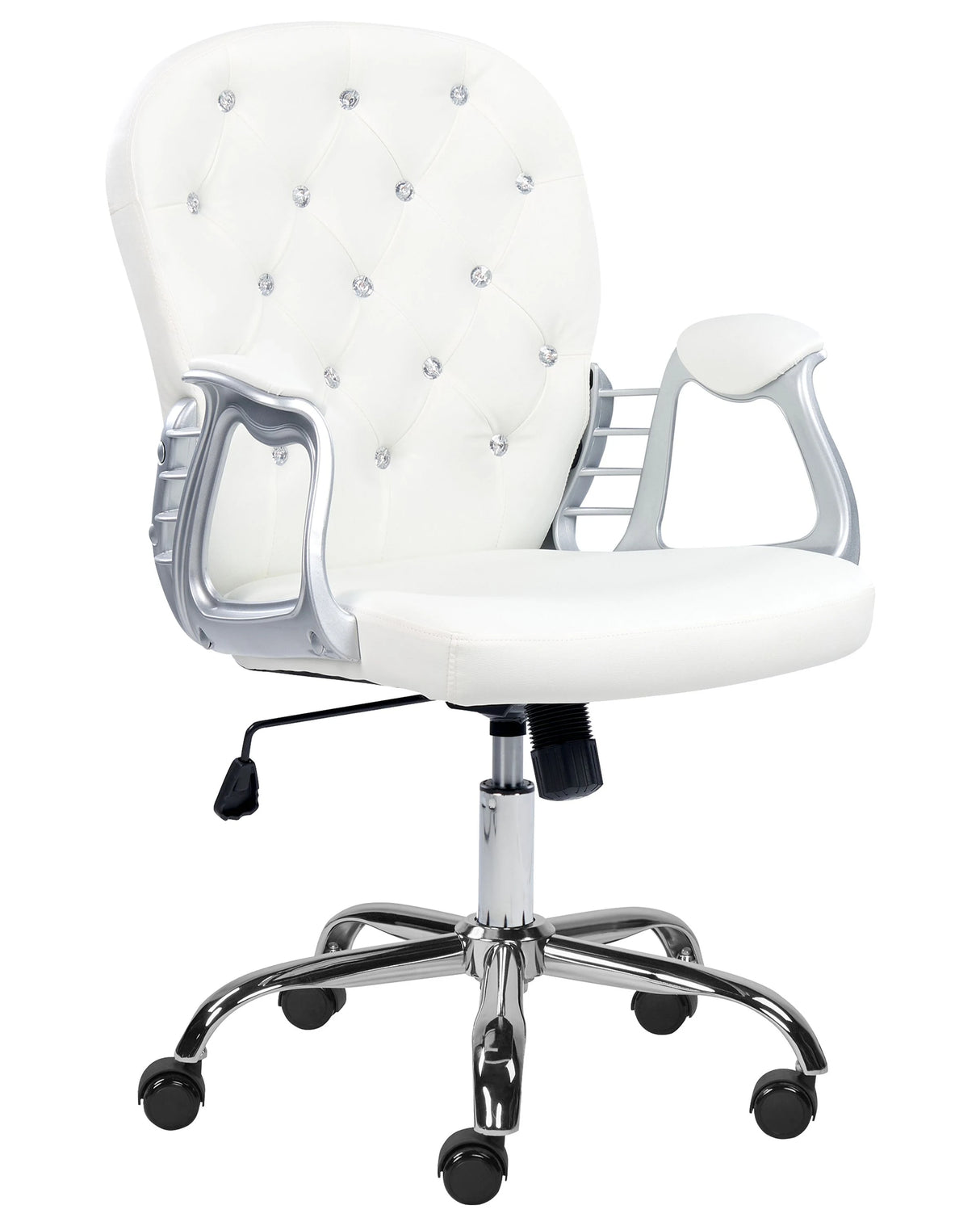 Office Chair White Faux Leather Gas Lift Height Adjustable Crystal Button with Tufted Backrest and Full Swivel Beliani