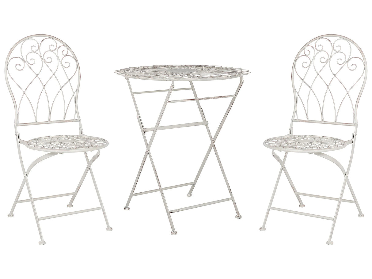Garden Bistro Set White Metal Distressed Effect 3 Piece Table and Chairs Beliani