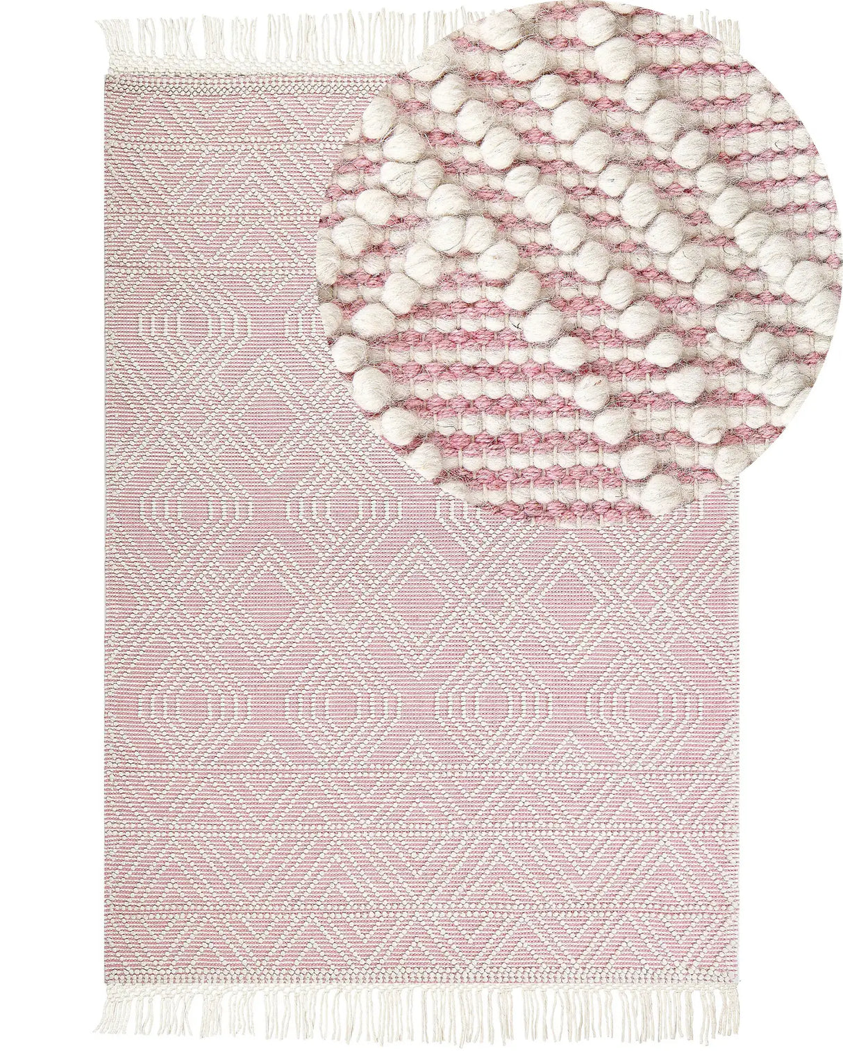Rug Pink White Wool Polyester 160 x 230 cm Geometric Pattern Tassels Boho Modern Beliani
