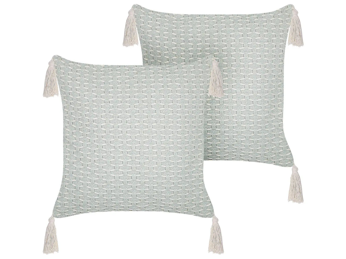 Set of 2 Scatter Cushions Mint Green 42 x 42 cm Throw Pillow Geometric Pattern Tassels Removable Cover with Filling Beliani