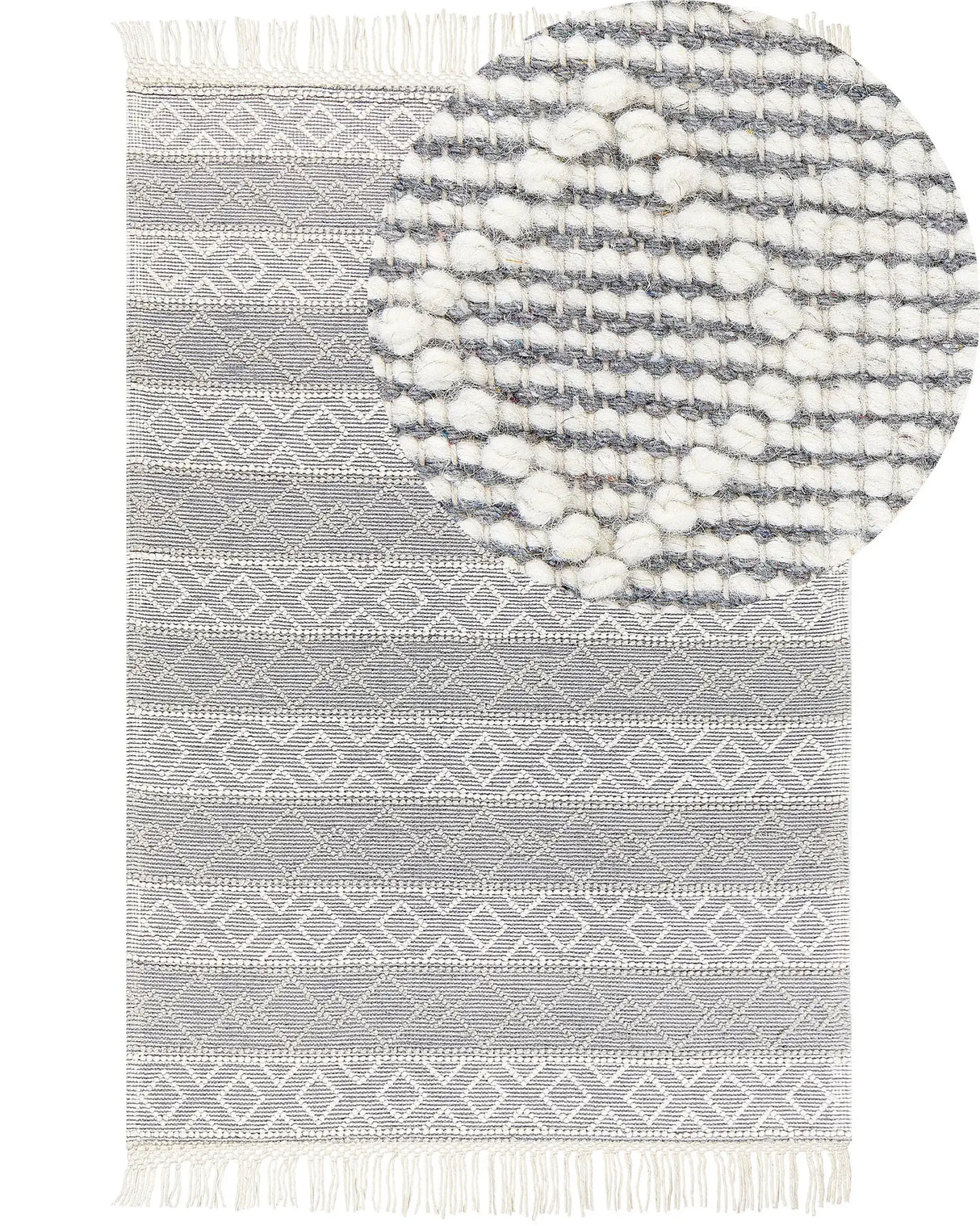 Area Rug Grey and White Wool Cotton 160 x 230 cm Hand Woven Flat Weave with Tassels Geometric Pattern Beliani