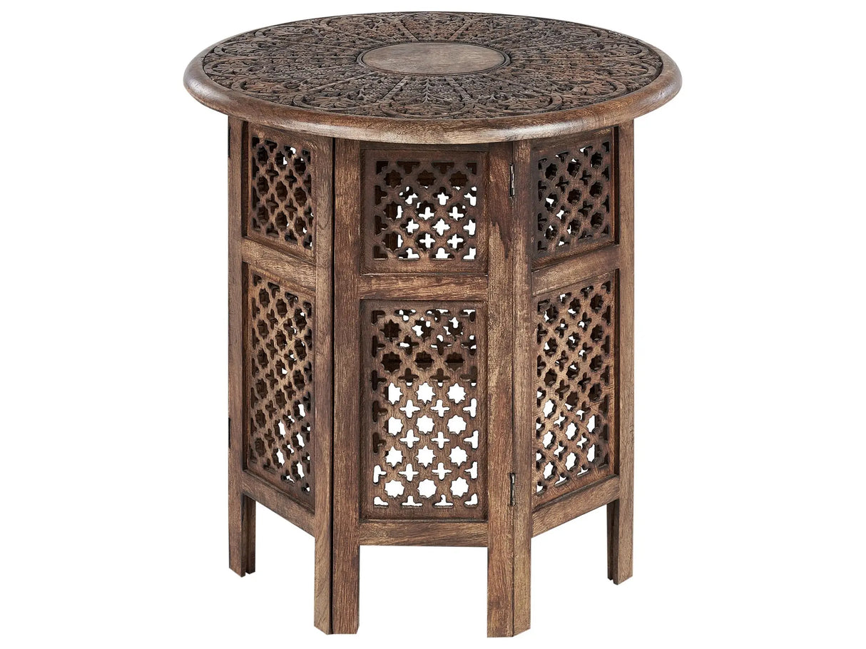 Side Table Dark Mango Wood Round Carved Top Round Base 53 cm Traditional Design Beliani
