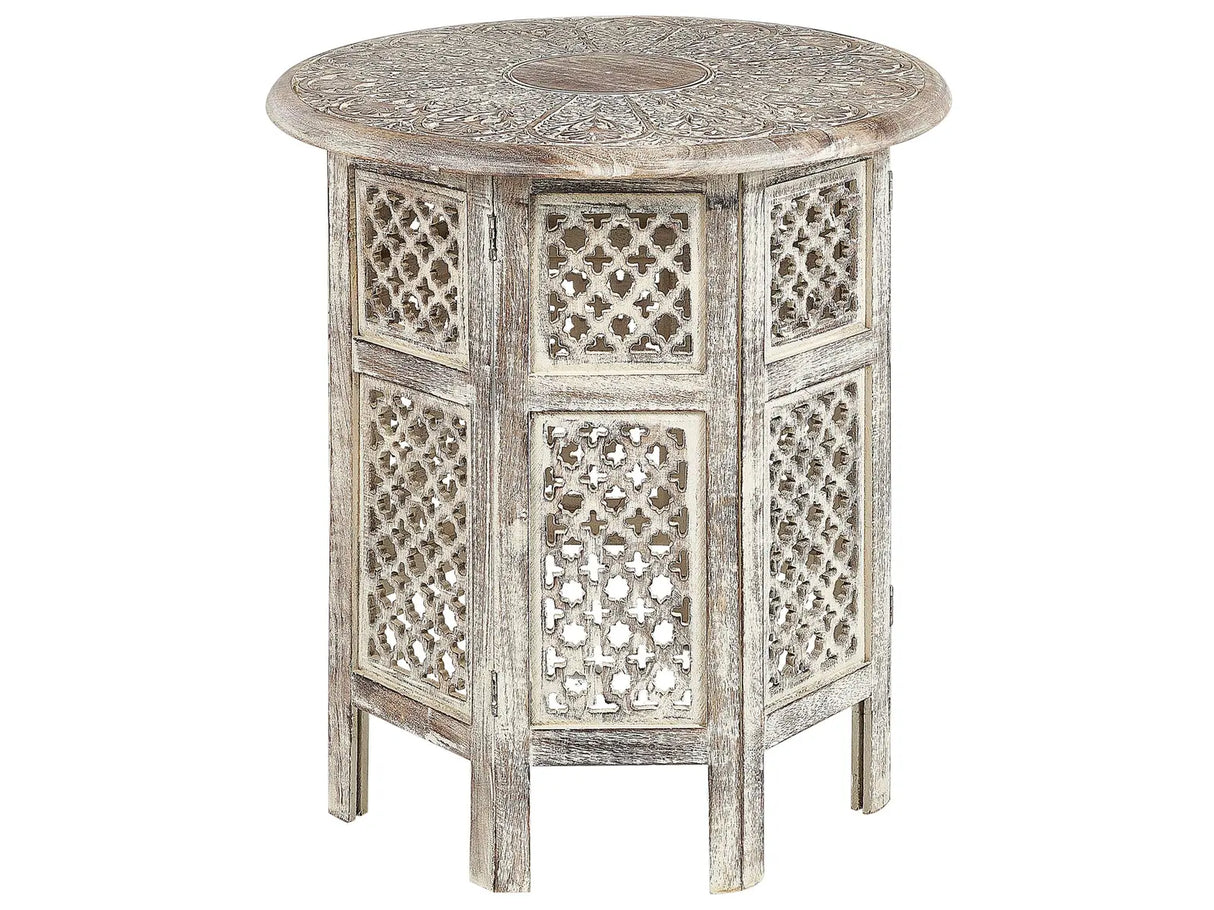 Side Table Light Mango Wood Round Top Octagonal Base 53 cm Traditional Design Beliani
