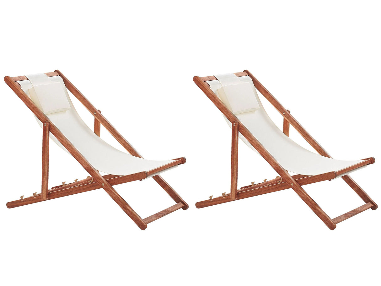Set of 2 Folding Deck Chairs Dark Acacia Wood with Off-White 2 Replacement Fabrics with Trendy Pattern Fabric Seat Headrest Cushion Reclining Folding Beliani
