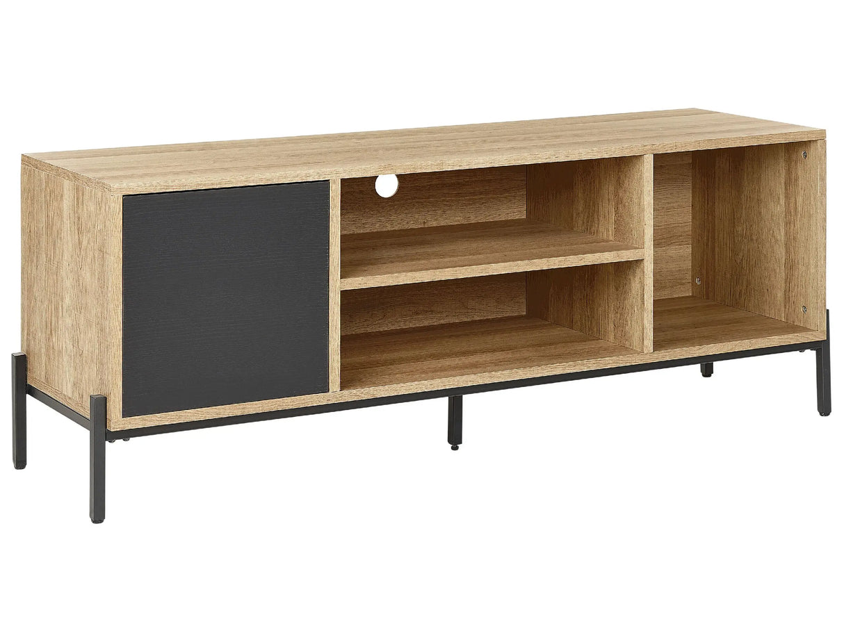 TV Stand Light Wood and Grey MDF Paper Finish 1 Cabinet 2 Open Shelves Low board Storage Beliani