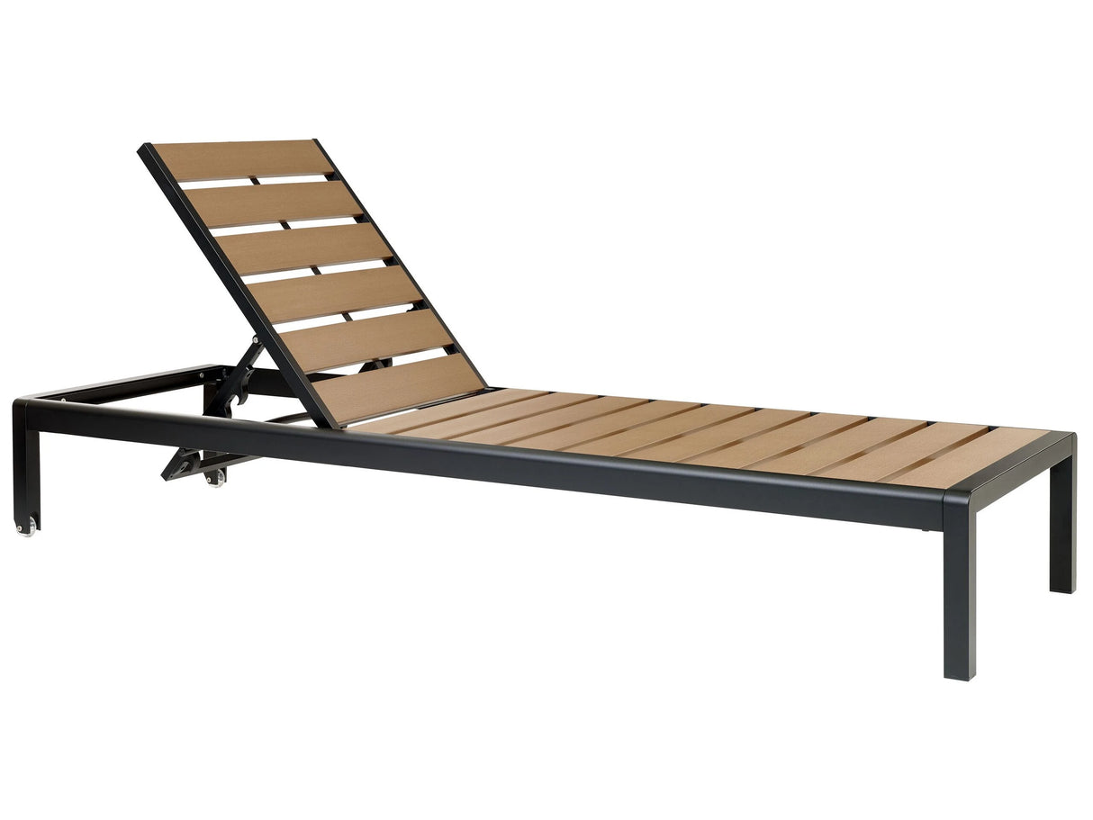 Garden Outdoor Lounger Light Wood and Black Plastic Wood Aluminium Frame Adjustable Reclining Backrest Beliani