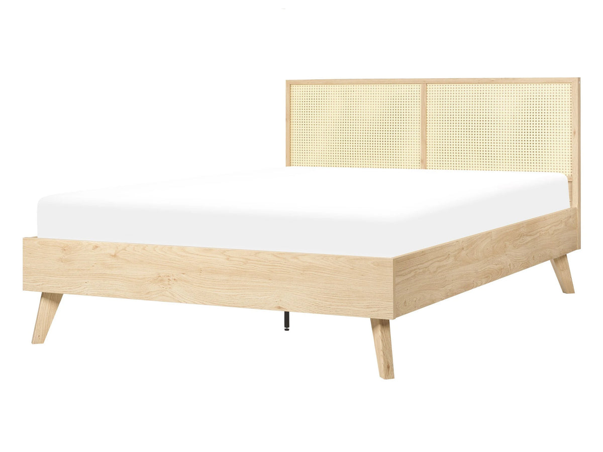 Panel Bed Light Brown Rattan Particle Board EU Double 4ft6 Slatted Frame Bed Base Braided Headboard Modern Boho Beliani