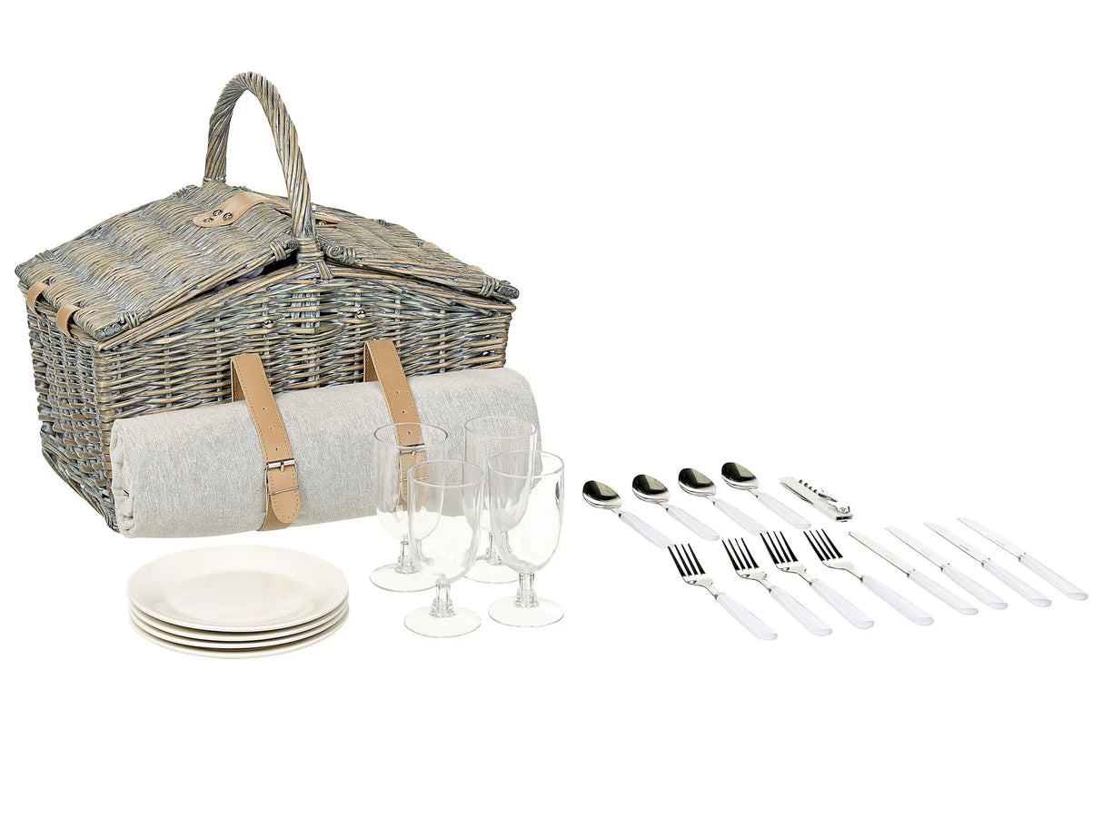 4 Person Picnic Hamper Natural and Grey Wicker with Cutlery Set Plates Wine Glasses and Cool Bag with Corkscrew Blanket Included Washed Finish Beliani