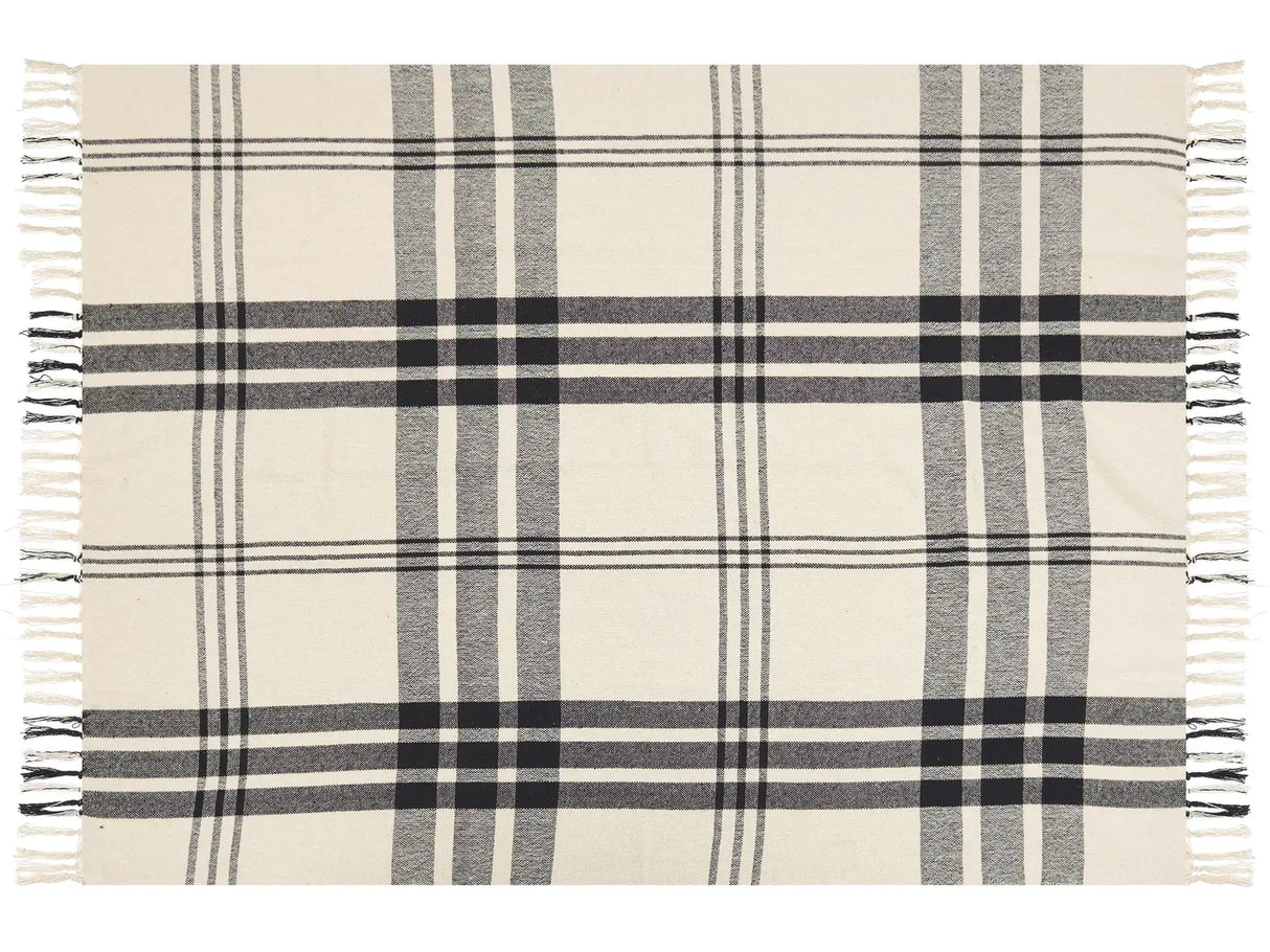 Throw Blanket Off-White and Black Cotton 130 x 170 cm with Decorative Tassels Handmade Beliani