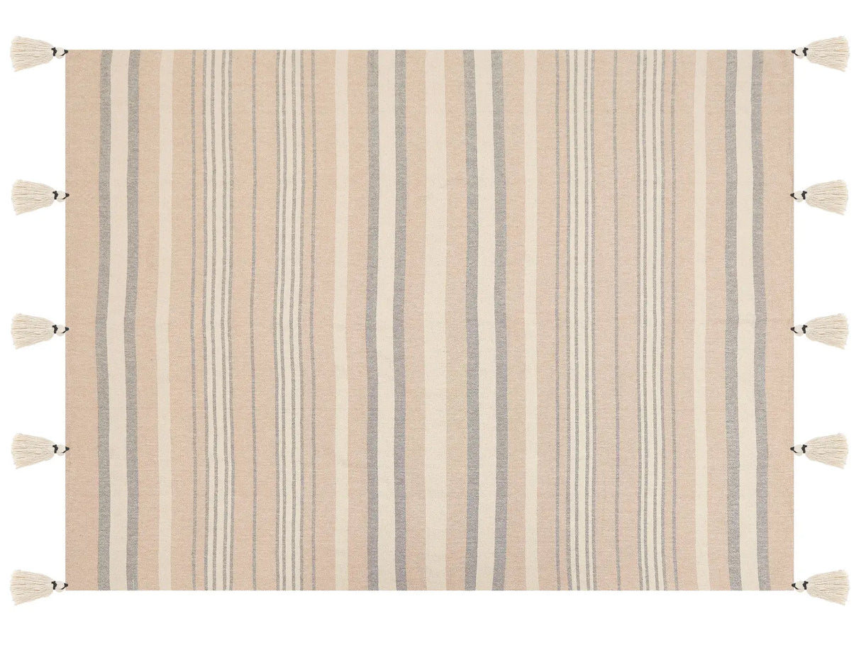 Throw Blanket Beige Cotton 130 x 170 cm Striped Pattern Accessory with Decorative Tassels Handmade Beliani