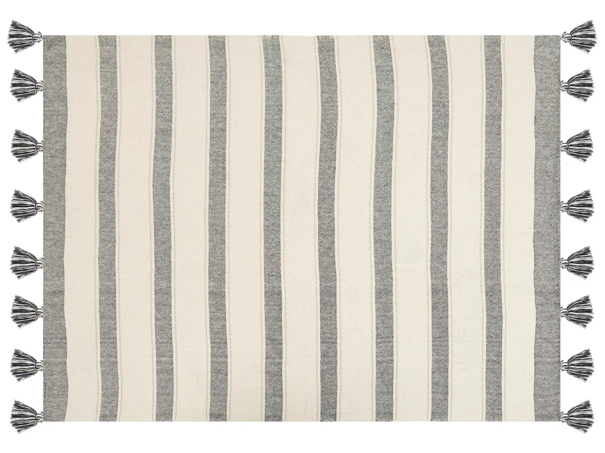 Throw Blanket Beige and Grey Cotton 130 x 170 cm Striped Pattern Accessory with Decorative Tassels Handmade Beliani