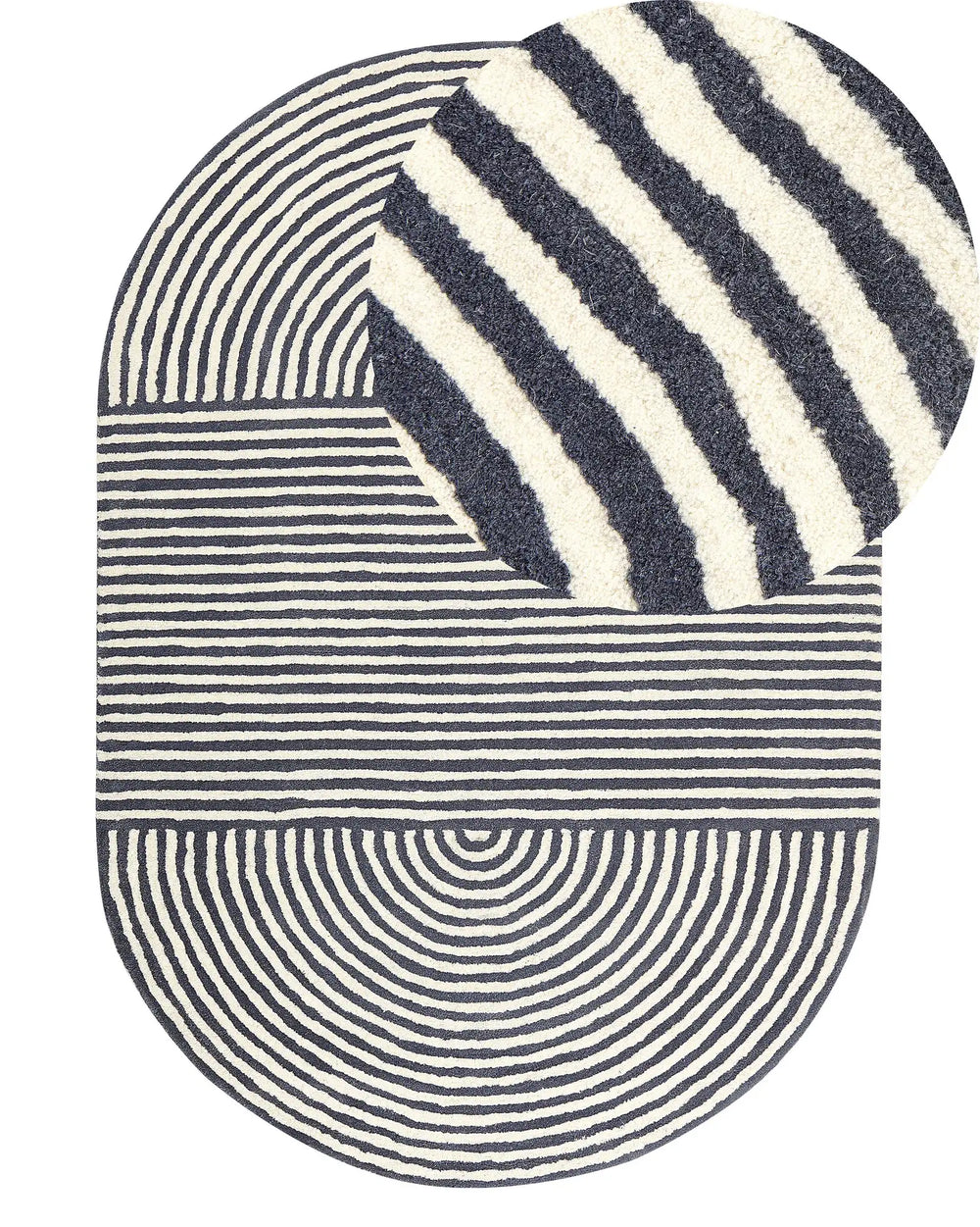 Rug White and Graphite Grey Wool Cotton 140 x 200 cm Oval Hand Tufted Low Pile Striped Beliani