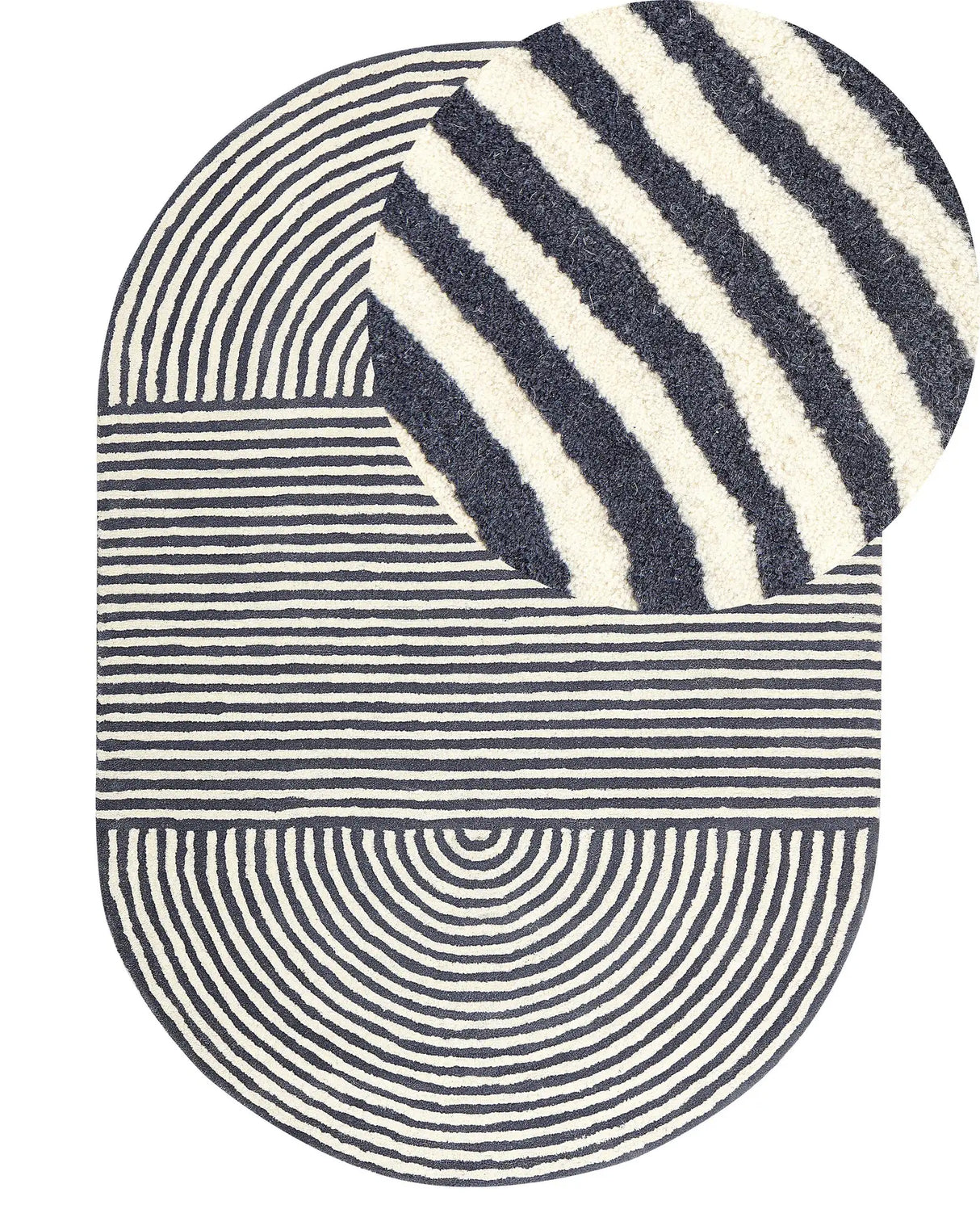 Rug White and Graphite Grey Wool Cotton 140 x 200 cm Oval Hand Tufted Low Pile Striped Beliani