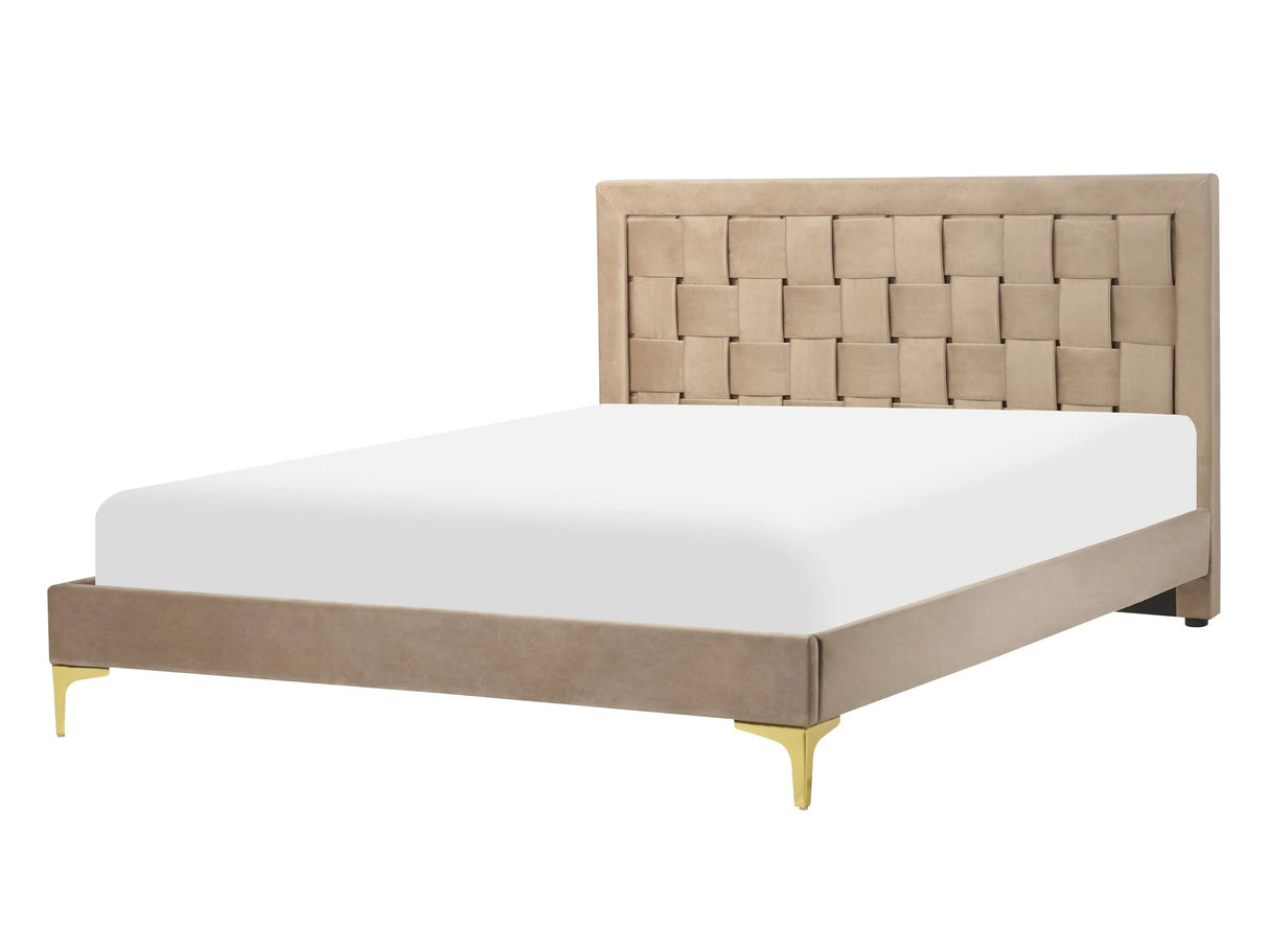 Upholstered Bed Frame Taupe Velvet EU Double 140x200 cm 4ft6 Headboard Golden Legs Beliani