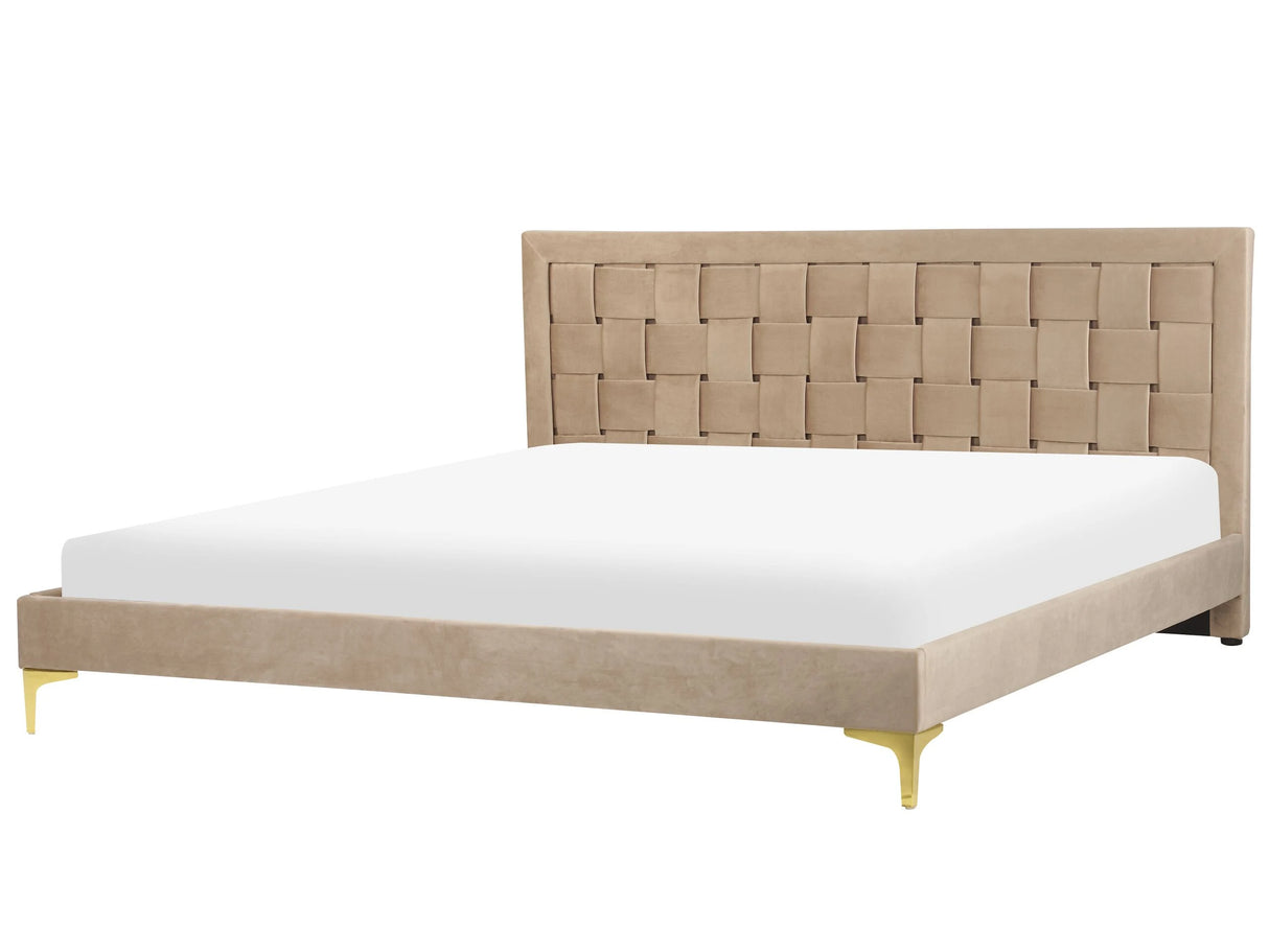Upholstered Bed Frame Taupe Velvet EU Super King Size 180x200 cm 6ft Headboard Golden Legs Beliani