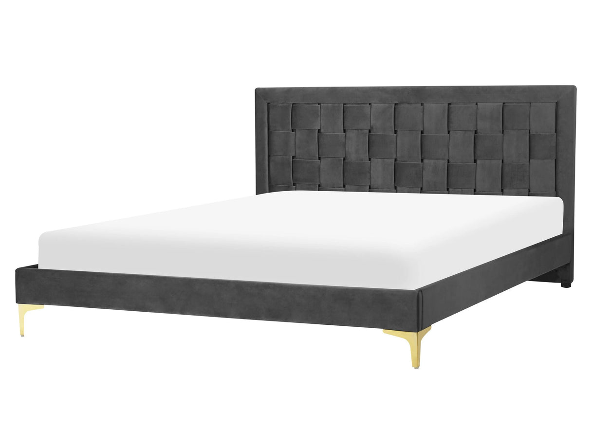 Upholstered Bed Frame Black Velvet EU King Size 160x200 cm 5ft3 Headboard Golden Legs Beliani