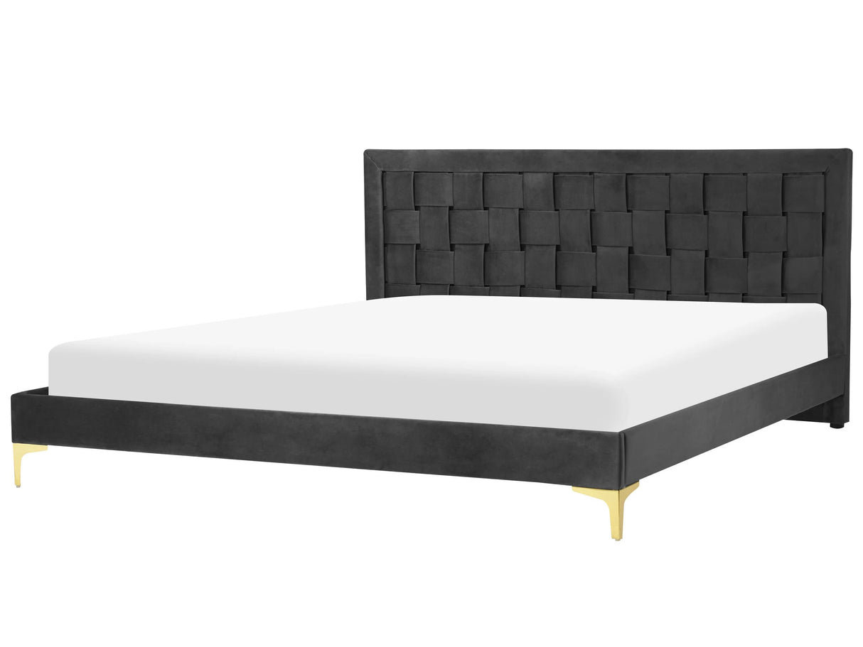 Upholstered Bed Frame Black Velvet EU Super King Size 180x200 cm 6ft Headboard Golden Legs Beliani