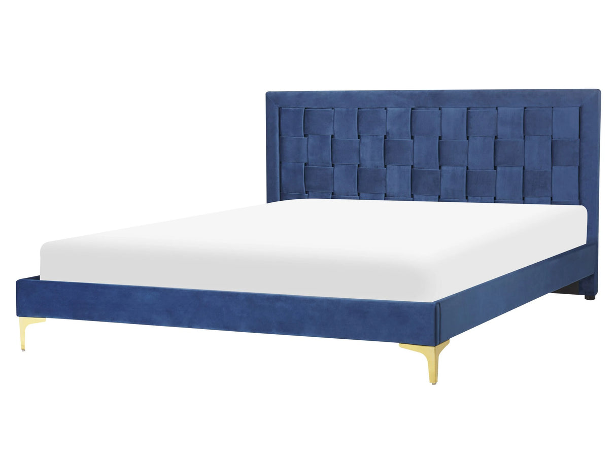 Upholstered Bed Frame Navy Blue Velvet EU King Size 160x200 cm 5ft3 Headboard Golden Legs Beliani