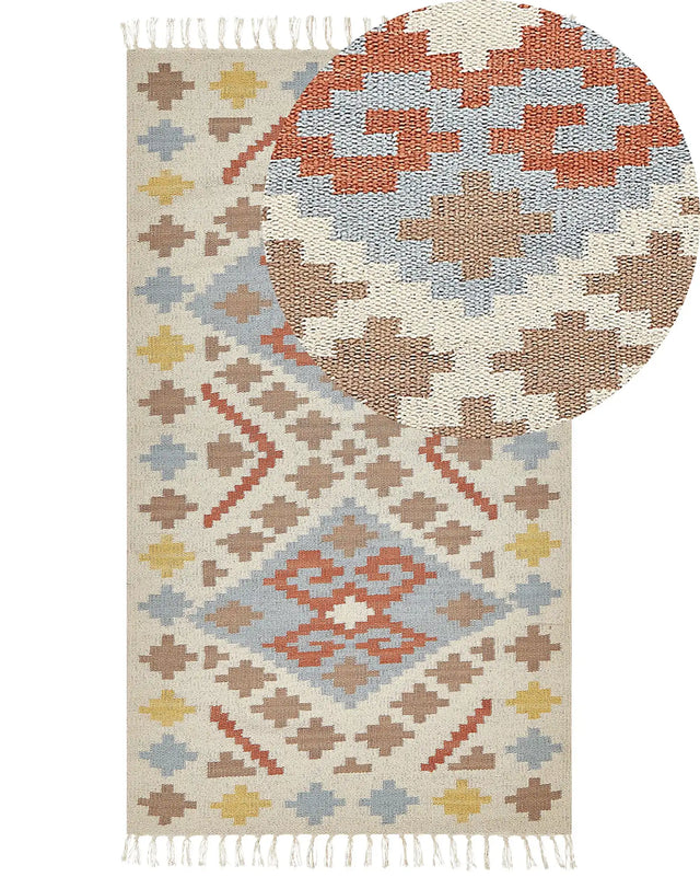 Kilim Area Rug Multicolour Cotton 80 x 150 cm Low Pile Geometric Pattern with Tassels Rectangular Traditional Beliani