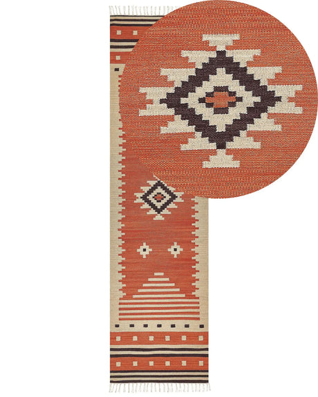 Kilim Runner Rug Multicolour Cotton 80 x 300 cm Reversible Geometric Pattern with Tassels Rectangular Traditional Beliani