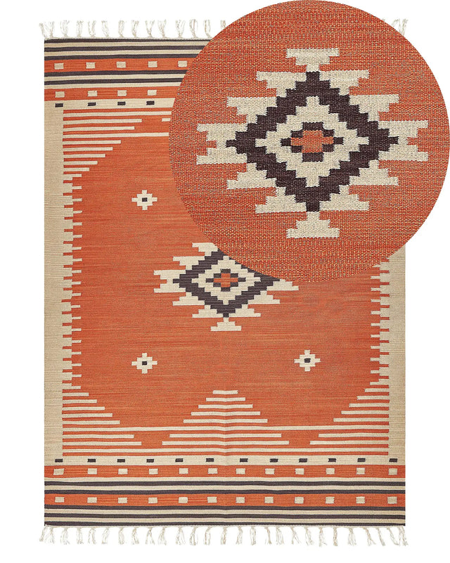 Kilim Area Rug Multicolour Cotton 140 x 200 cm Reversible Geometric Pattern with Tassels Rectangular Traditional Beliani