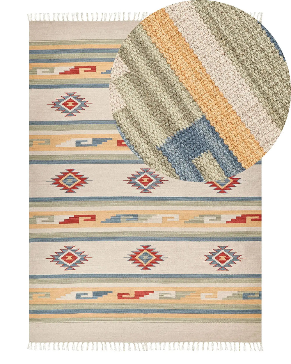Klim Area Rug Beige and Brown Cotton 140 x 200 cm Cut Shuttle Handwoven Floor Wall Rug Geometric Symbols Reversible Pattern Tassels Beliani