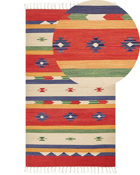 Klim Area Rug Multicolour Cotton 80 x 150 cm Cut Shuttle Handwoven Floor Wall Rug Geometric Reversible Pattern Tassels Beliani