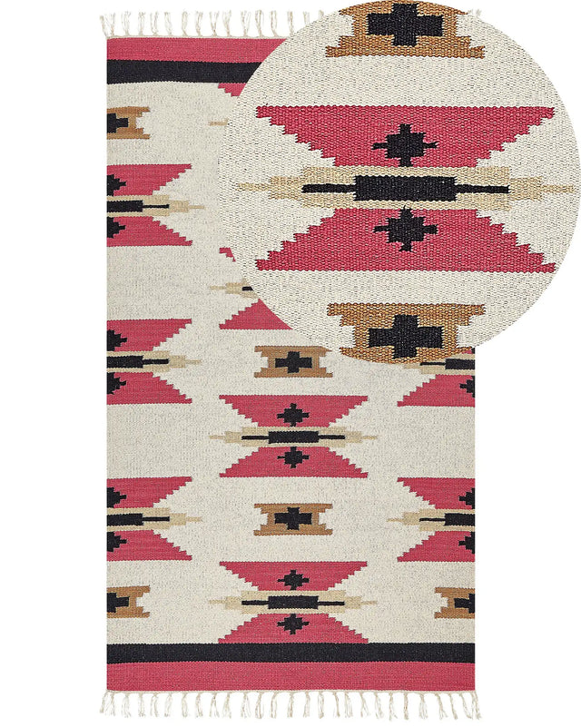 Kilim Area Rug Multicolour Cotton 80 x 150 cm Handwoven Reversible Flat Weave Geometric Pattern with Tassels Traditional Boho Living Room Bedroom Beliani