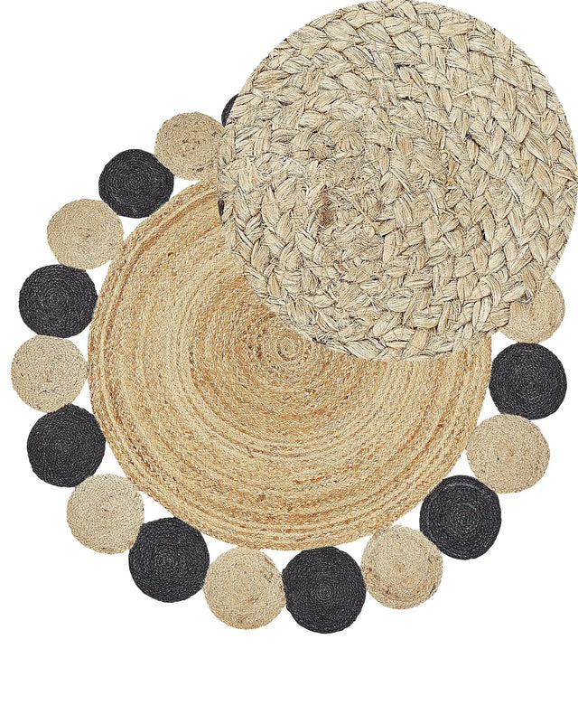 Area Rug Natural Jute Black Round Country Living Room  140 cm Beliani