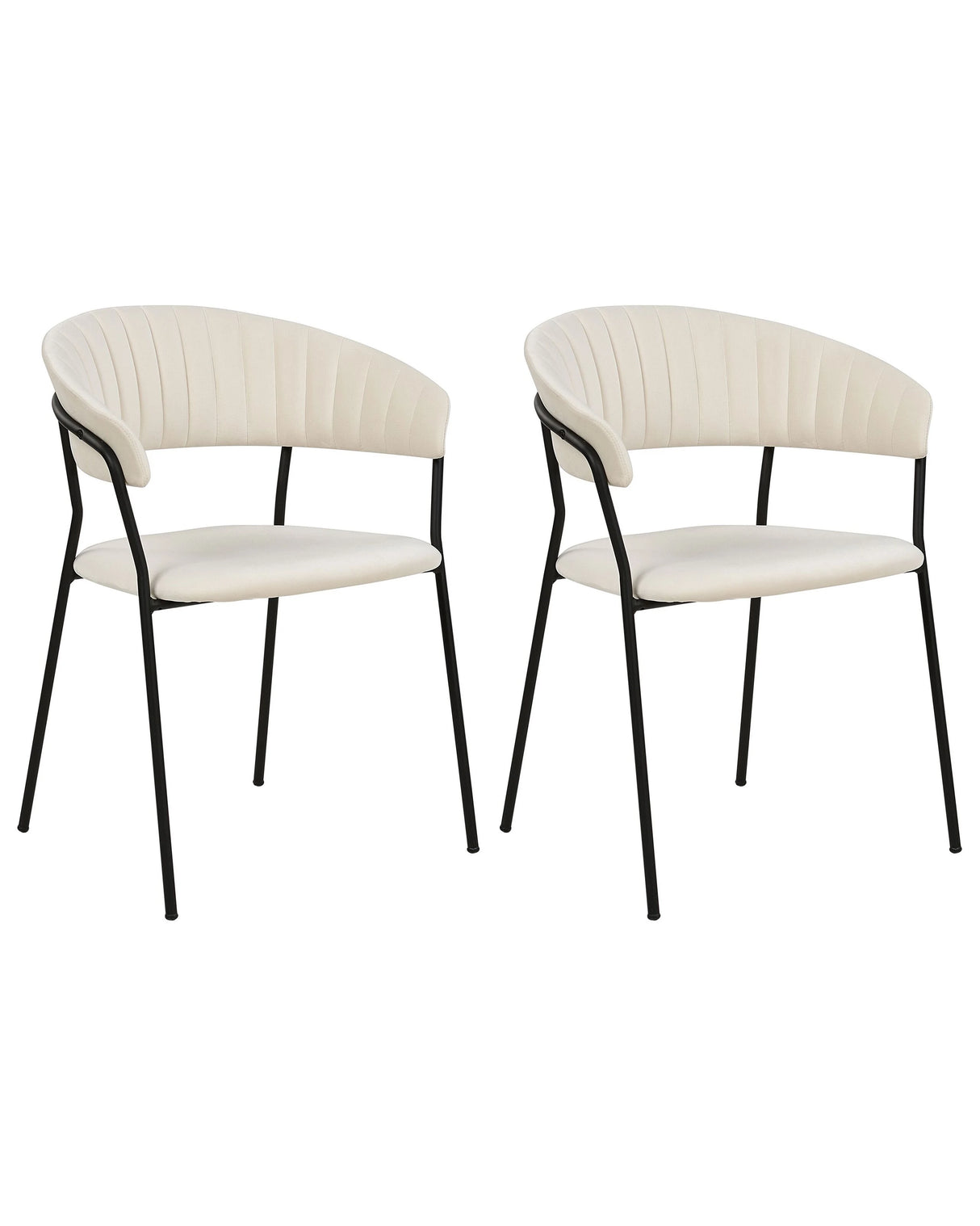 Set of 2 Dining Chairs Off-White Velvet Fabric Upholstery Black Metal Legs with Armrests Curved Backrest Modern Contemporary Design Beliani