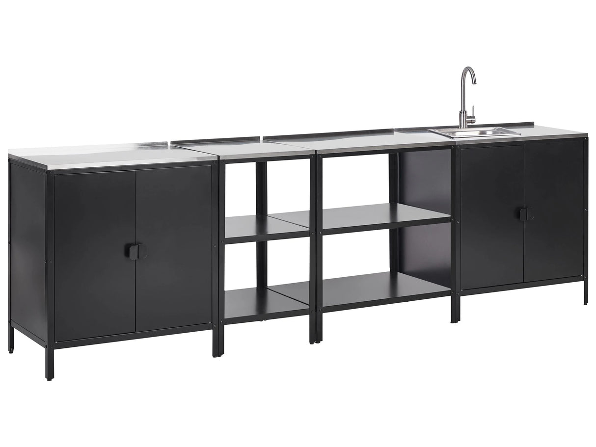 4 Piece Outdoor Kitchen Set Black Stainless Steel 2 Kitchen Cabinets 2 Storage Islands Sink Single Lever Outdoor Kitchen Cooking Station Beliani