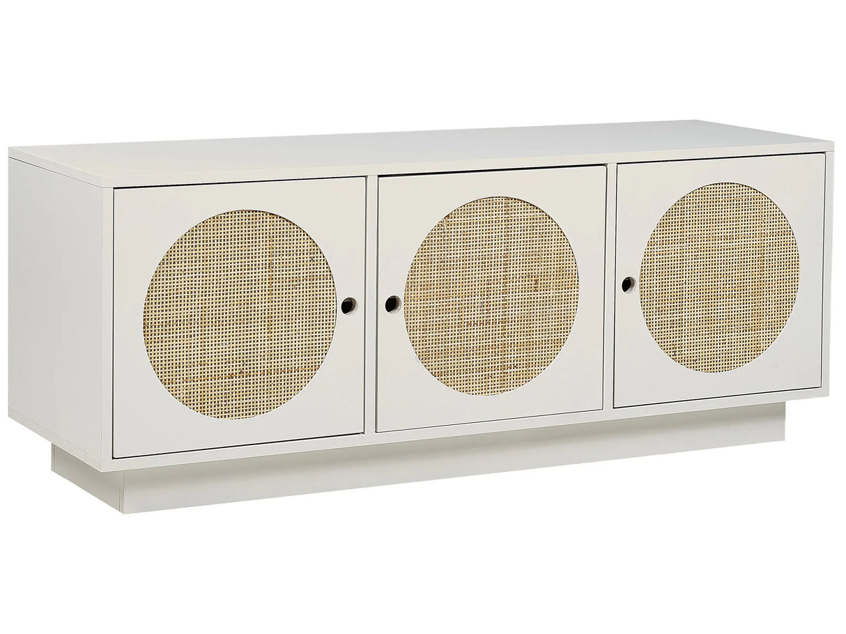 3 Door Sideboard White Manufactured Wood with Rattan Front Hole Handles Cabinet Living Room Bedroom Boho Style Beliani