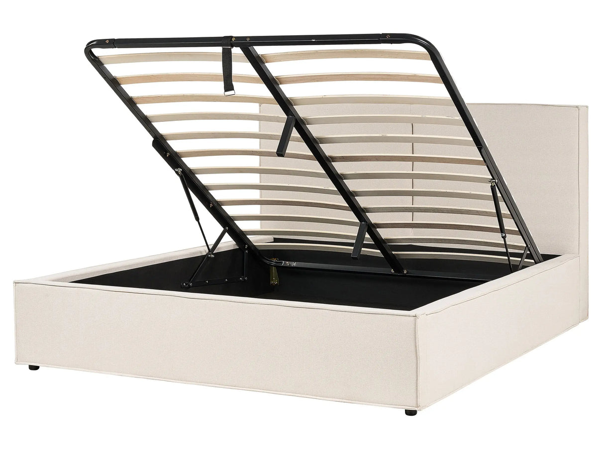 EU King Size Panel Bed 5ft3 Beige Fabric Upholstery Storage Ottoman Slatted Frame Contemporary Modern Bedroom Beliani