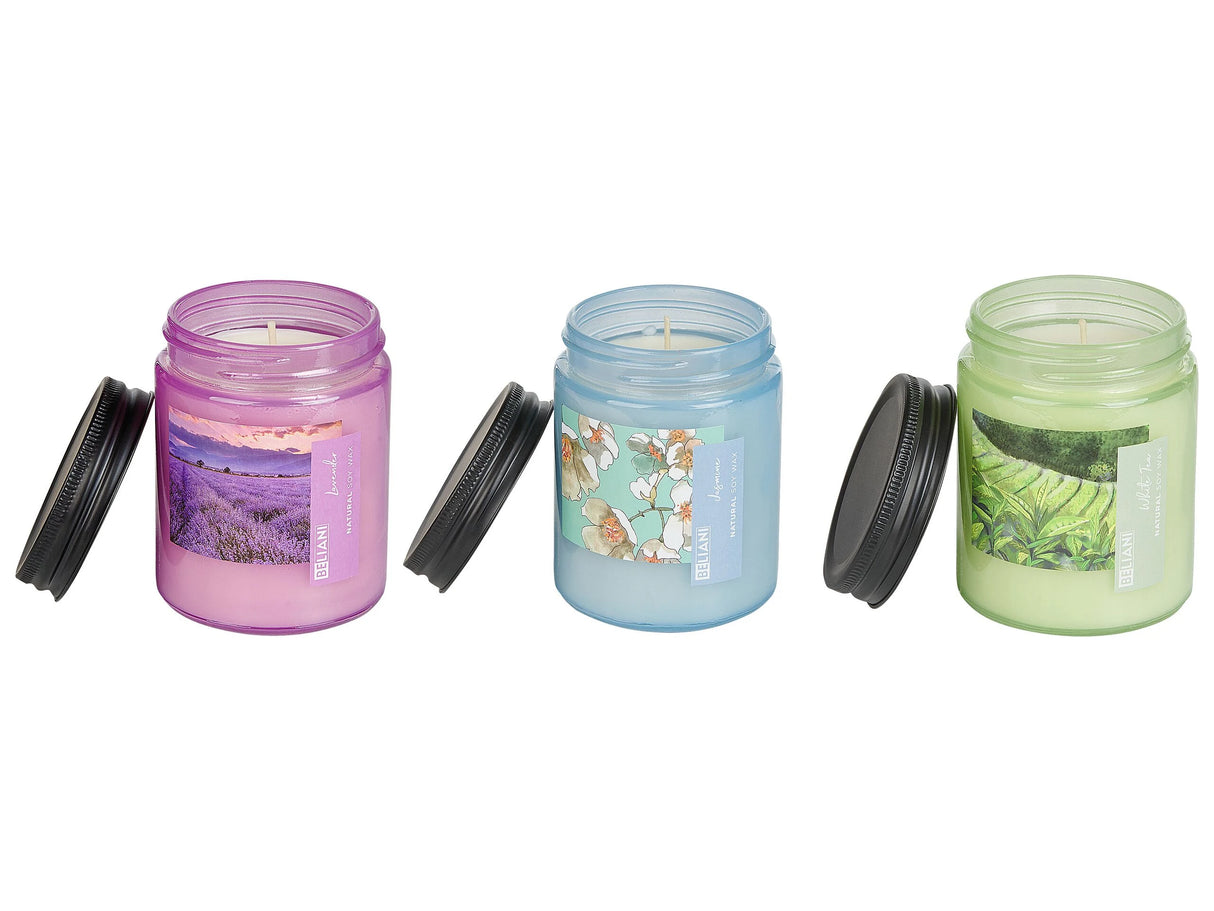 Set of 3 Scented Candles Multicolour 100% Soy Wax Cotton Wick Glass Fresh Floral Fragrance White Tea Lavender Jasmine Beliani