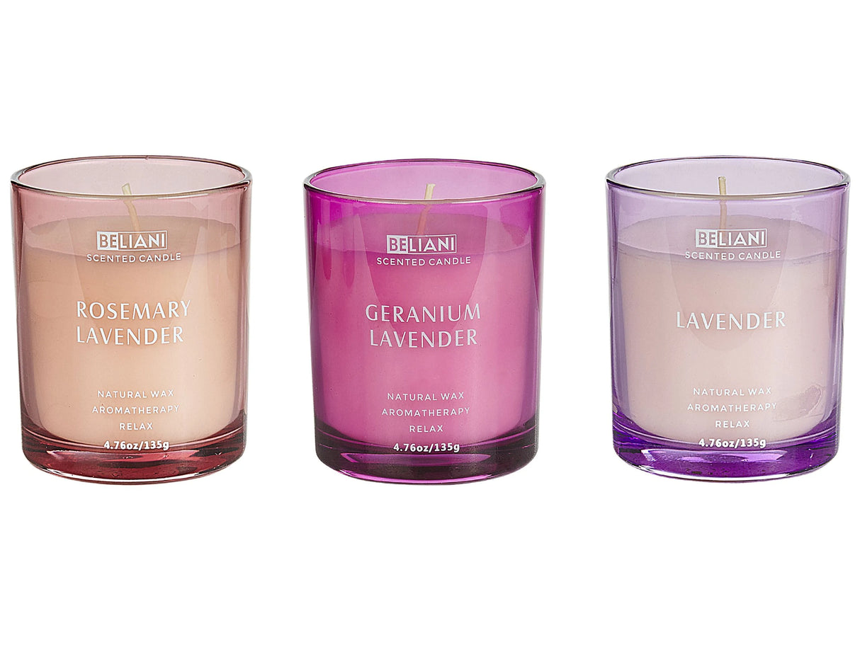 Set of 3 Scented Candles Multicolour 100% Soy Wax Cotton Wick Glass Floral Fragrance Lavender/Rosemary Lavender/Geranium Lavender Beliani