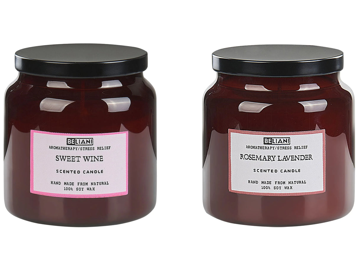 Set of 2 Scented Candles Multicolour 100% Soy Wax Cotton Wick Glass Food Fresh Fragrance Sweet Wine/Rosemary Lavender Beliani