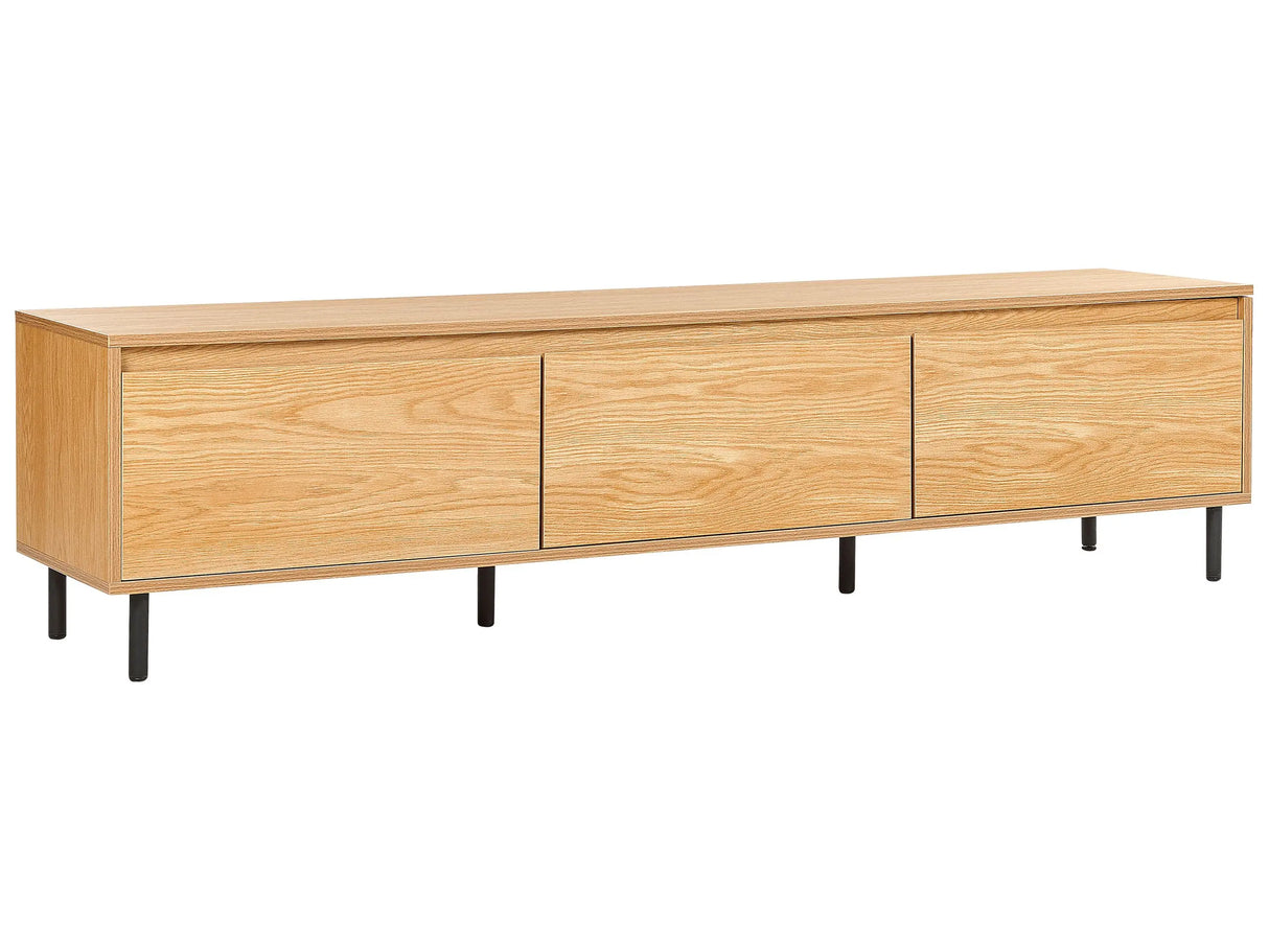 Mueble TV moderno minimalista aparador metal negro patas 3 puertas compartimento madera clara Beliani