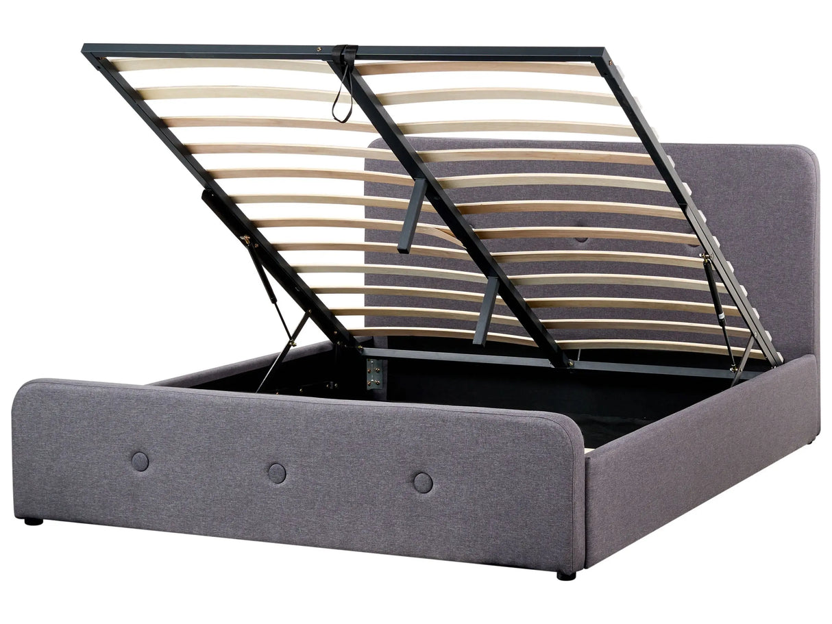 Slatted Bed Frame Dark Grey Polyester Fabric Upholstered Wooden Legs Ottoman Storage 5ft3 EU King Size Modern Design Beliani