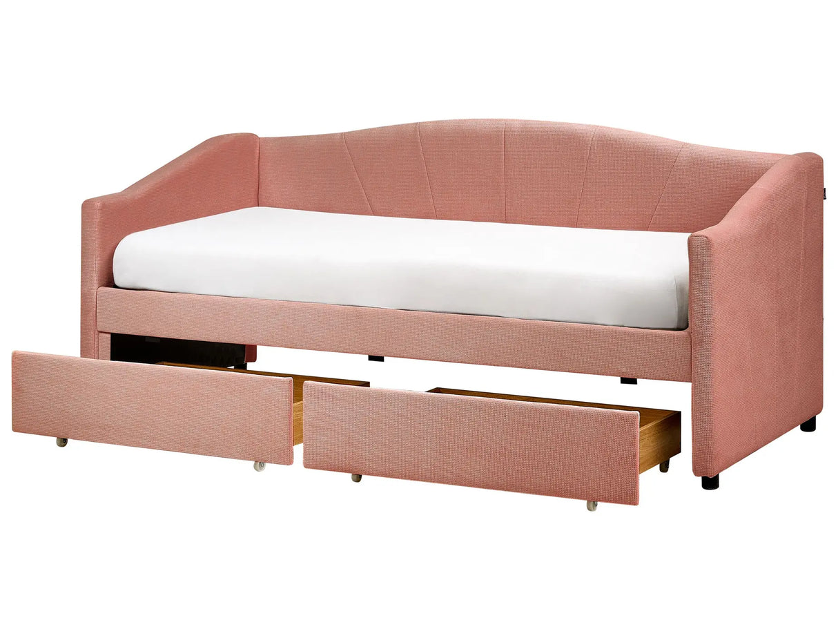 Daybed Pink EU Single Size Polyester Upholstery Slatted Frame Eucalyptus Wood Plywood Drawers Modern Bedroom Beliani