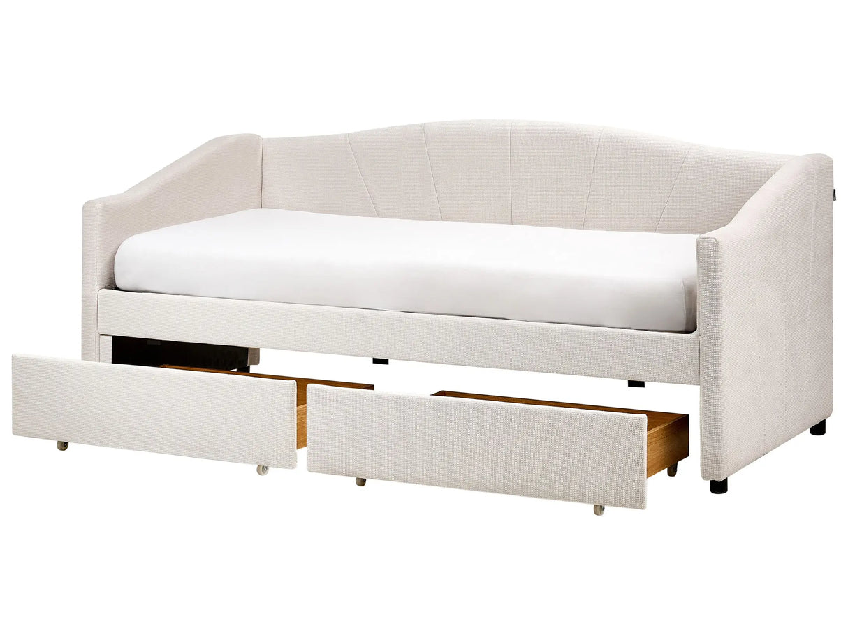 Daybed Light Beige EU Single Size Polyester Upholstery Slatted Frame Eucalyptus Wood Plywood Drawers Modern Bedroom Beliani