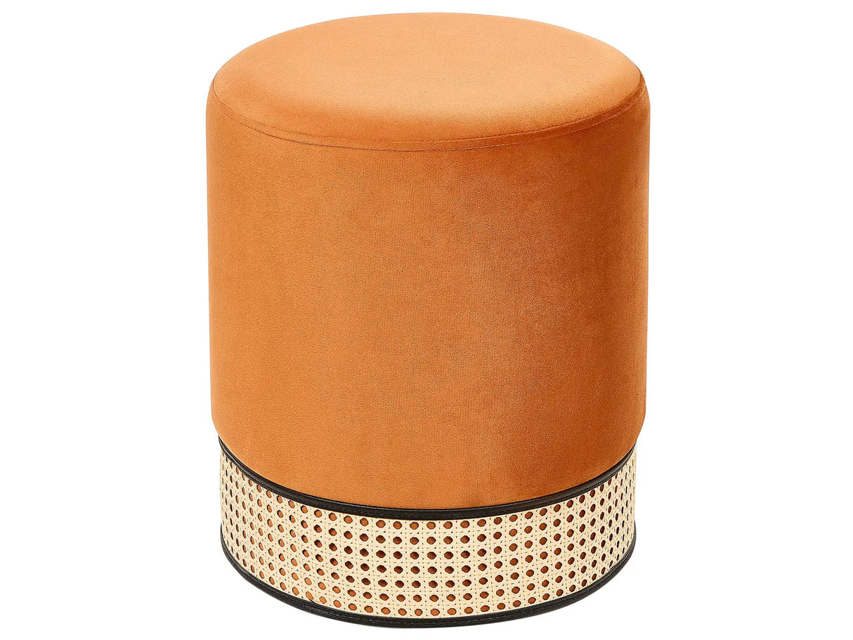 Pouffe Orange Upholstered Velvet Rattan Weave Accent Ring Glamour Stool Beliani
