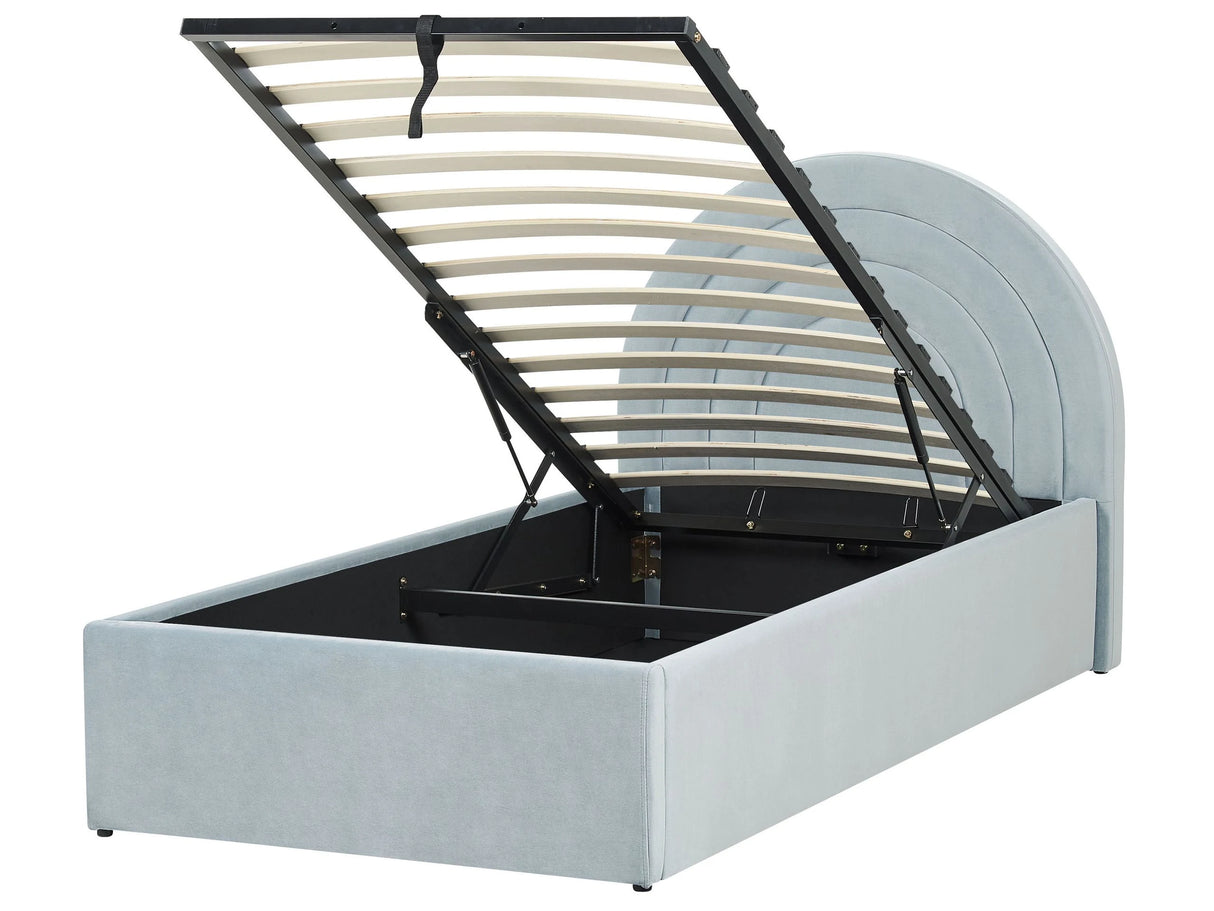 Bed Light Blue Velvet EU Single Size 3ft Minimalist Retro Design Ottoman Storage Slatted Base Half-Round Headboard Beliani