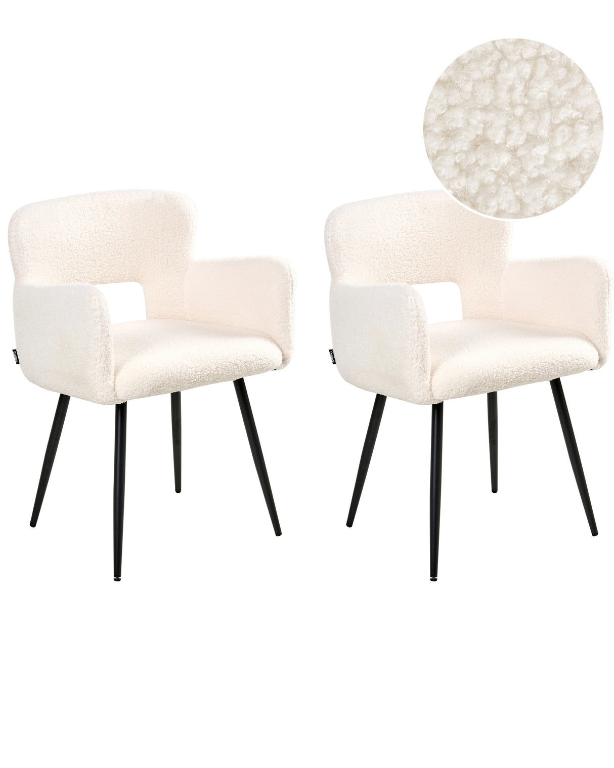 Set of 2 Dining Chairs White Boucle Upholstery with Armrests Cut-Out Backrest Black Metal Legs Modern Design Beliani