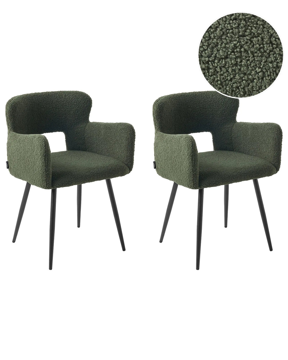 Set of 2 Dining Chairs Dark Green Boucle Upholstery with Armrests Cut-Out Backrest Black Metal Legs Modern Design Beliani