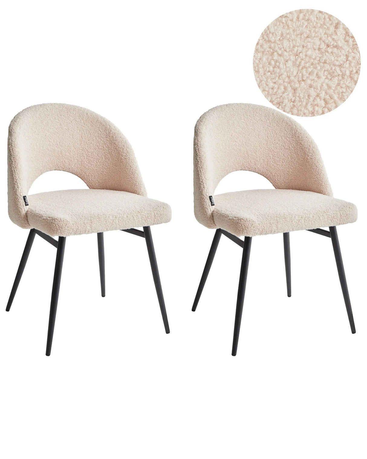 Set of 2 Dining Chairs Beige Boucle Upholstery Cut-Out Backrest Black Metal Legs Modern Design Beliani