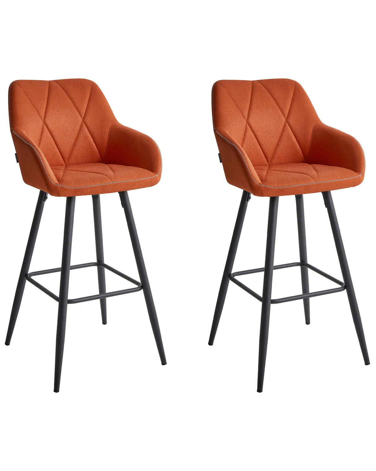 Set of 2 Bar Stool Orange Fabric Upholstered With Arms Quilted Backrest Black Metal Legs Beliani